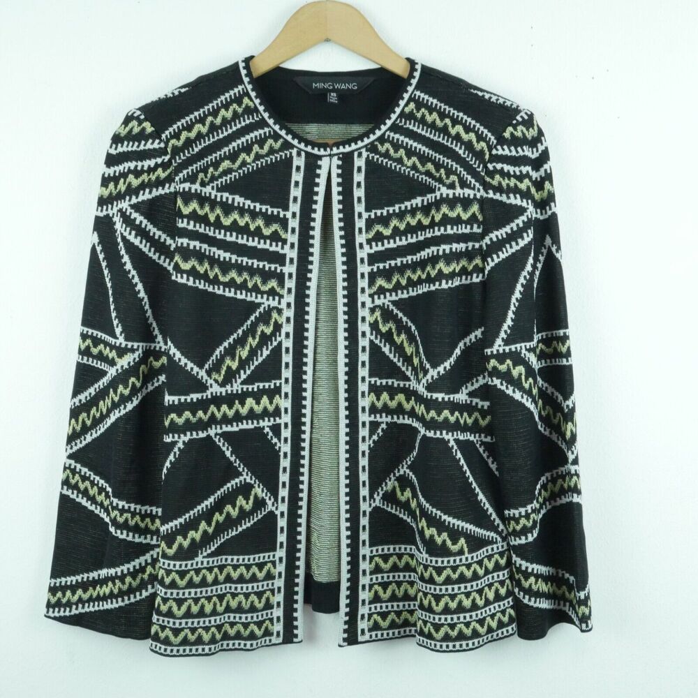Ming Wang XS Jacket Knit Blazer Career‎ Abstract Geometric Print Black Artsy